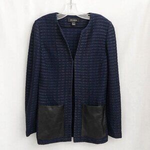 St. John Knits Cardigan Sweater Blue Black Size 4 Leather Pockets